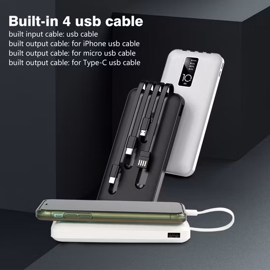 Fast Charging 10000mAh Power Banks Charger Built-in Micro USB/Type-C/Lighting/ USB 4 in 1 Cable Portable Mobile Power Bank